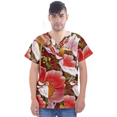 Flower Hostanamone Drawing Plant Men s V-neck Scrub Top