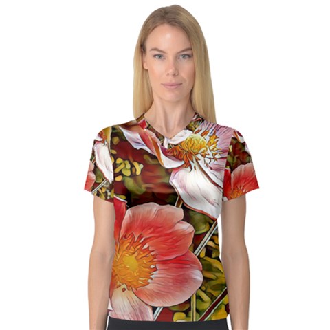 Flower Hostanamone Drawing Plant V-neck Sport Mesh Tee by Celenk