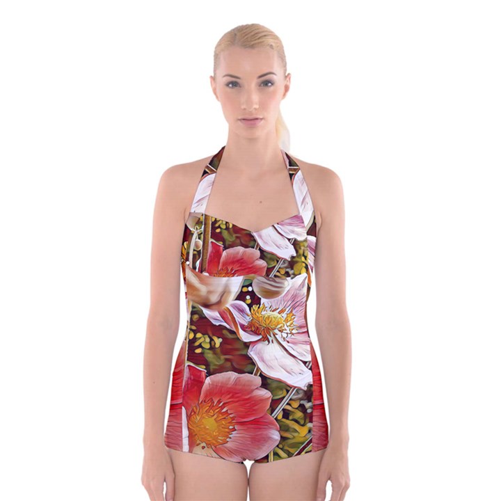 Flower Hostanamone Drawing Plant Boyleg Halter Swimsuit 