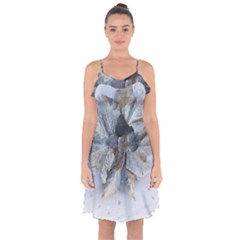 Winter Frost Ice Sheet Leaves Ruffle Detail Chiffon Dress by Celenk