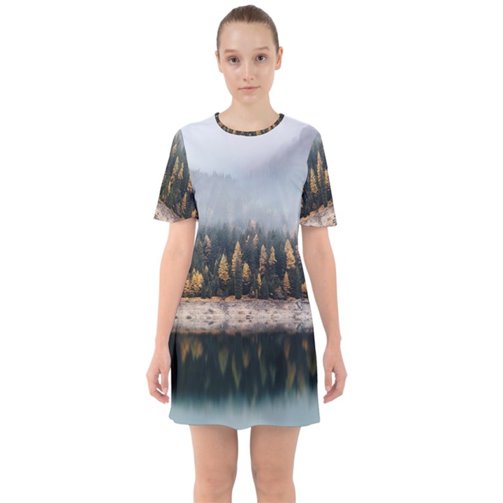 Trees Plants Nature Forests Lake Sixties Short Sleeve Mini Dress