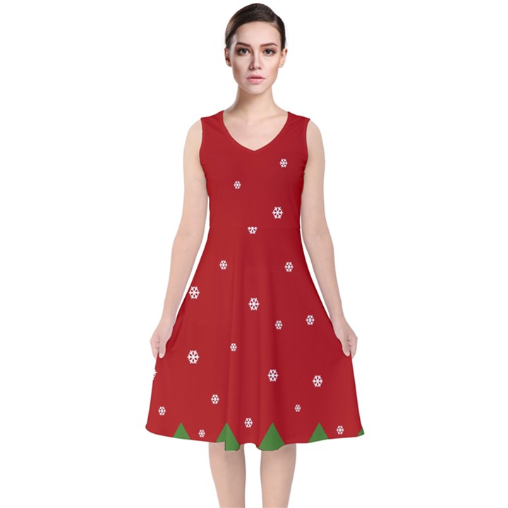 Christmas pattern V-Neck Midi Sleeveless Dress 