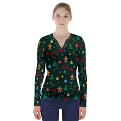 Christmas Pattern V-neck Long Sleeve Top by Valentinaart