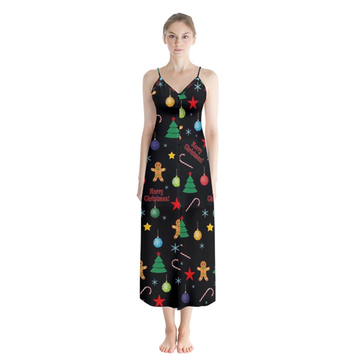 Christmas pattern Button Up Chiffon Maxi Dress