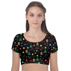 Christmas pattern Velvet Short Sleeve Crop Top 