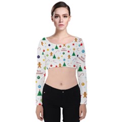 Christmas Pattern Velvet Long Sleeve Crop Top by Valentinaart