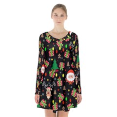 Santa And Rudolph Pattern Long Sleeve Velvet V-neck Dress by Valentinaart