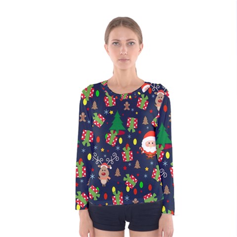 Santa And Rudolph Pattern Women s Long Sleeve Tee by Valentinaart