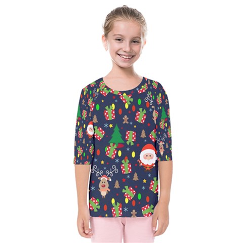 Santa And Rudolph Pattern Kids  Quarter Sleeve Raglan Tee by Valentinaart