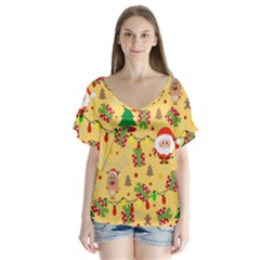 Santa And Rudolph Pattern V-neck Flutter Sleeve Top by Valentinaart