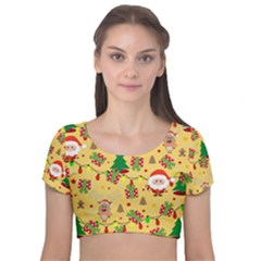 Santa And Rudolph Pattern Velvet Short Sleeve Crop Top  by Valentinaart