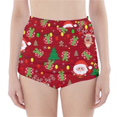 Santa And Rudolph Pattern High-waisted Bikini Bottoms by Valentinaart