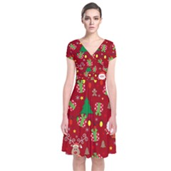 Santa And Rudolph Pattern Short Sleeve Front Wrap Dress by Valentinaart