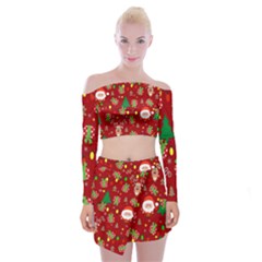 Santa And Rudolph Pattern Off Shoulder Top With Mini Skirt Set by Valentinaart