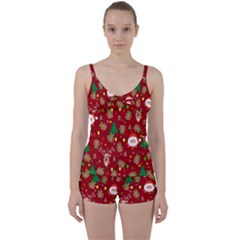 Santa And Rudolph Pattern Tie Front Two Piece Tankini by Valentinaart