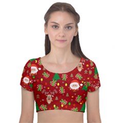 Santa And Rudolph Pattern Velvet Short Sleeve Crop Top  by Valentinaart