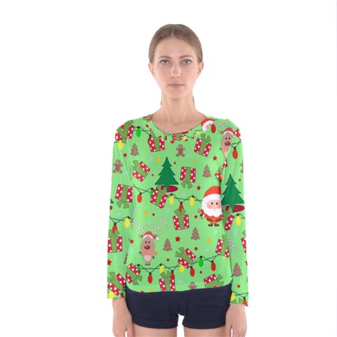 Santa And Rudolph Pattern Women s Long Sleeve Tee by Valentinaart