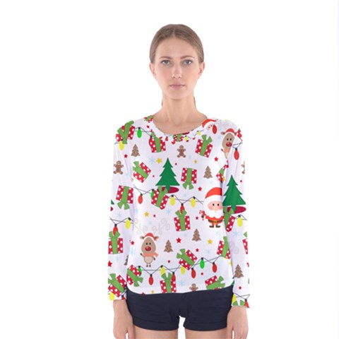 Santa And Rudolph Pattern Women s Long Sleeve Tee by Valentinaart