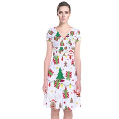 Santa And Rudolph Pattern Short Sleeve Front Wrap Dress by Valentinaart