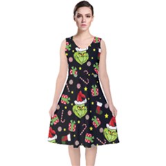 Grinch Pattern V-neck Midi Sleeveless Dress  by Valentinaart