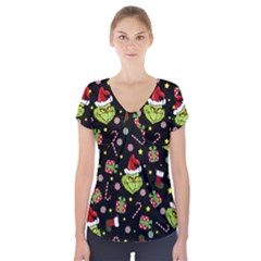 Grinch Pattern Short Sleeve Front Detail Top by Valentinaart