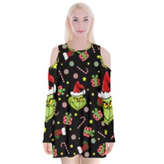 Grinch Pattern Velvet Long Sleeve Shoulder Cutout Dress by Valentinaart