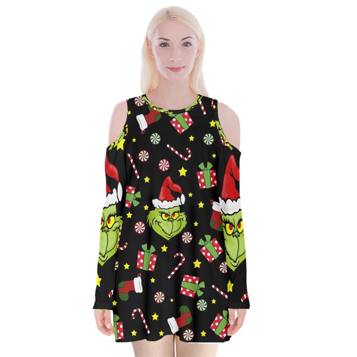 Grinch pattern Velvet Long Sleeve Shoulder Cutout Dress