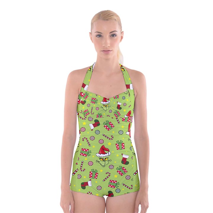 Grinch pattern Boyleg Halter Swimsuit 