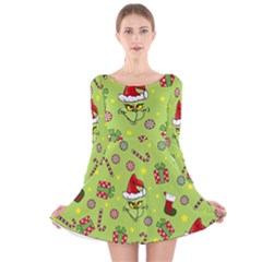 Grinch Pattern Long Sleeve Velvet Skater Dress by Valentinaart