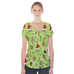 Grinch Pattern Short Sleeve Front Detail Top by Valentinaart