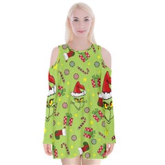 Grinch Pattern Velvet Long Sleeve Shoulder Cutout Dress by Valentinaart