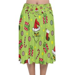 Grinch Pattern Velvet Flared Midi Skirt by Valentinaart