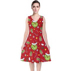 Grinch Pattern V-neck Midi Sleeveless Dress  by Valentinaart