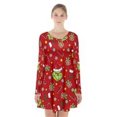 Grinch Pattern Long Sleeve Velvet V-neck Dress by Valentinaart