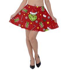 Grinch Pattern Velvet Skater Skirt by Valentinaart