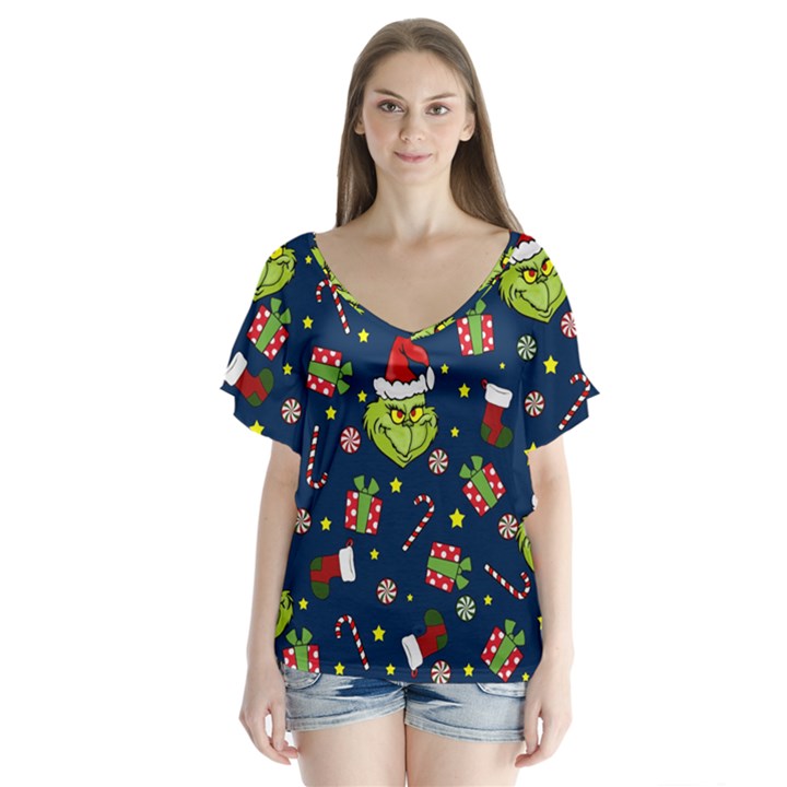 Grinch pattern V-Neck Flutter Sleeve Top