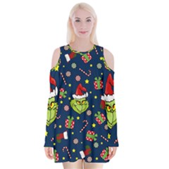 Grinch Pattern Velvet Long Sleeve Shoulder Cutout Dress by Valentinaart