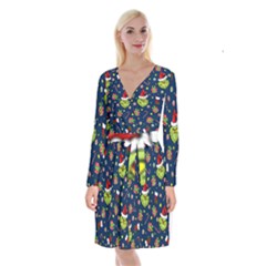 Grinch Pattern Long Sleeve Velvet Front Wrap Dress by Valentinaart