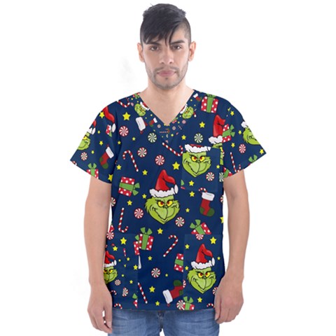 Grinch Pattern Men s V-neck Scrub Top by Valentinaart