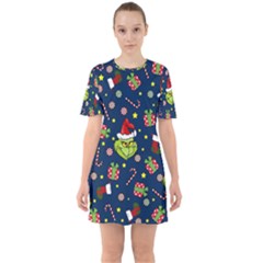 Grinch Pattern Sixties Short Sleeve Mini Dress