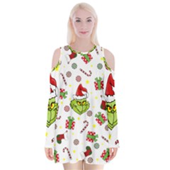 Grinch Pattern Velvet Long Sleeve Shoulder Cutout Dress by Valentinaart