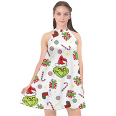 Grinch Pattern Halter Neckline Chiffon Dress 