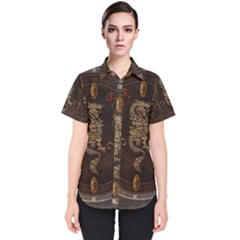 Golden Chinese Dragon On Vintage Background Women s Short Sleeve Shirt