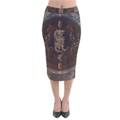 Golden Chinese Dragon On Vintage Background Velvet Midi Pencil Skirt by FantasyWorld7