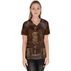 Golden Chinese Dragon On Vintage Background Scrub Top by FantasyWorld7