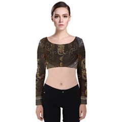 Golden Chinese Dragon On Vintage Background Velvet Long Sleeve Crop Top