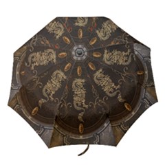 Golden Chinese Dragon On Vintage Background Folding Umbrellas by FantasyWorld7