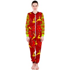 Red Florals & Reindeer Design Onepiece Jumpsuit (ladies) by PattyVilleDesigns