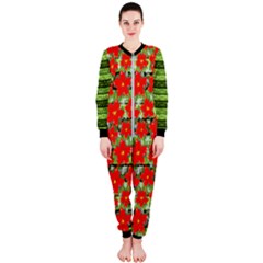 Dark Green & Red Florals Stripes Xmas Designs Onepiece Jumpsuit (ladies) by PattyVilleDesigns