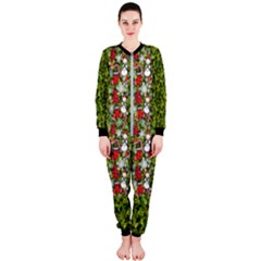 Green & Red Christmas Trees & Snowman Onepiece Jumpsuit (ladies) by PattyVilleDesigns